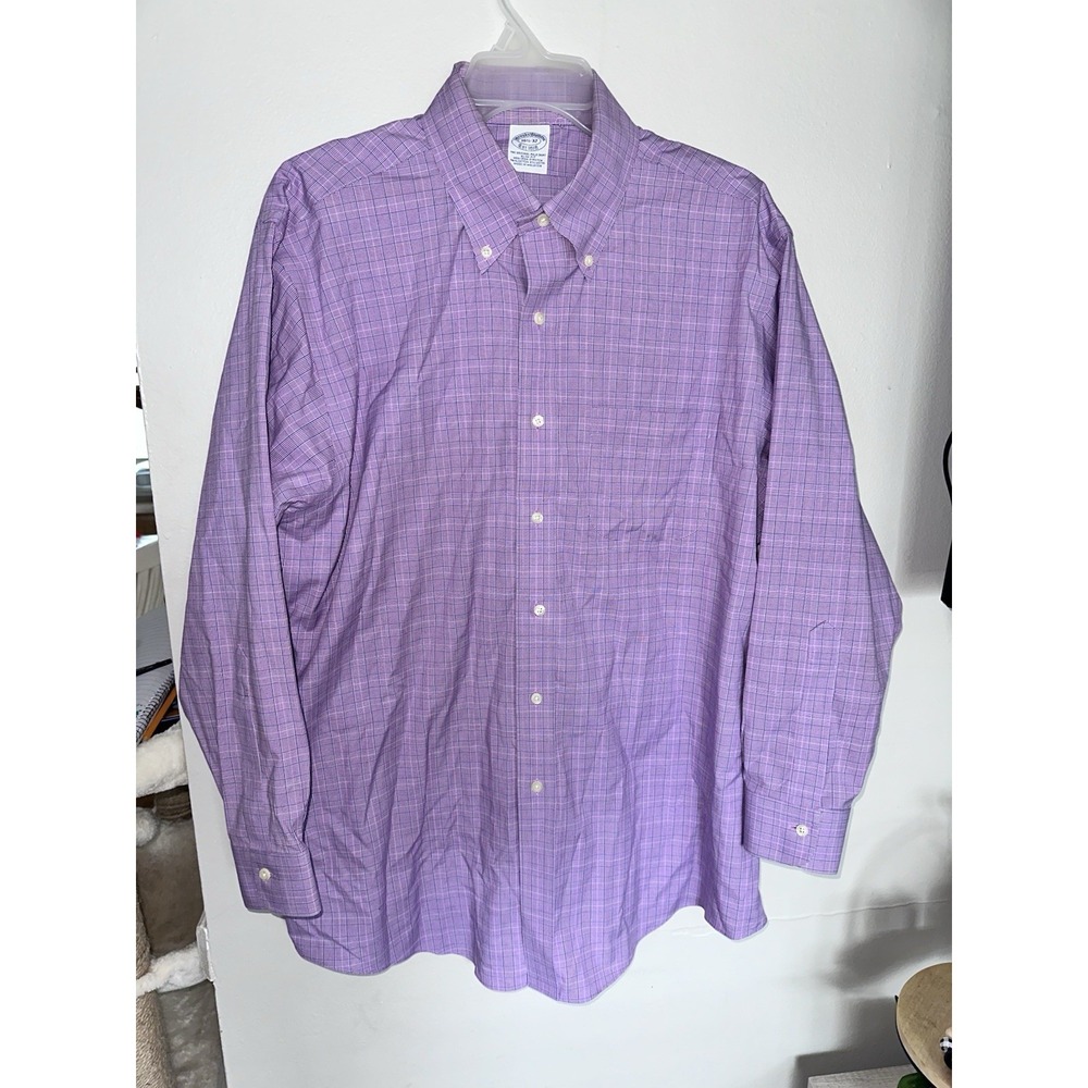 Brooks Brothers 346 Shirt Mens 16.5  32 Purple Plaid Slim Fit Non Iron‎ Stretch